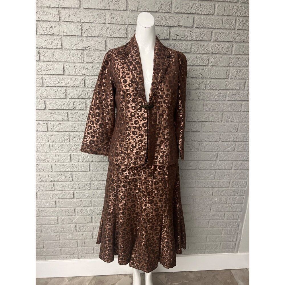 Merric Women Brown Metallic 2 Piece Skirt Suit Size 12